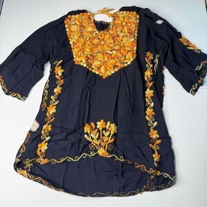 Vintage Hand-Embroidered Boho Tunic Top – Navy & Gold – Bleach Spots – AS-IS